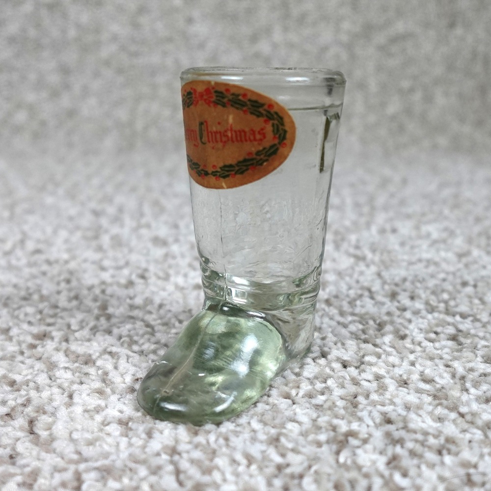 Vintage Merry Christmas Glass Boot Shot Glass Holly Wreath Label 3 Inch